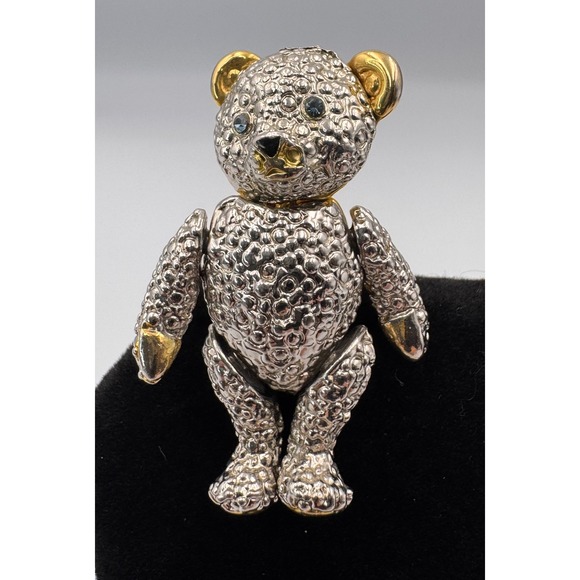 Vintage Silver Gold Tone Articulated Teddy Bear Pendant Brooch Blue Crystal Eyes - Picture 6 of 10